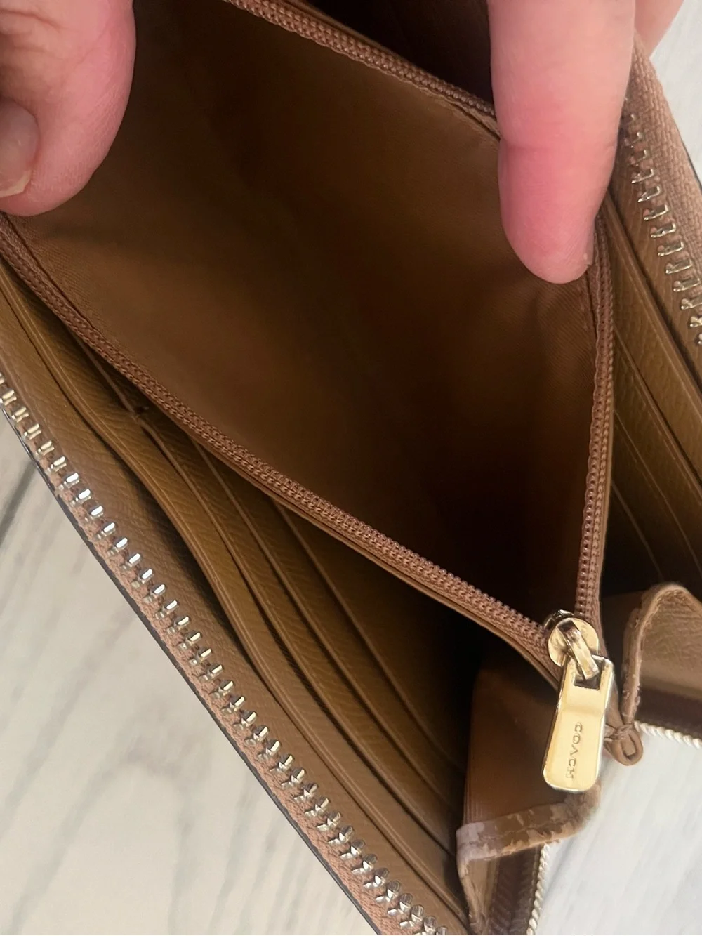 Coach Tan Pebbled Leather Zip Wallet with Gold Logo